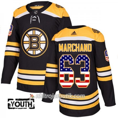 Barn Ishockey Boston Bruins Tröja Brad Marchand 63 Adidas 2017-2018 Svart USA Flag Fashion Authentic